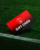 Red and black gift card with a logo and text on a green field background